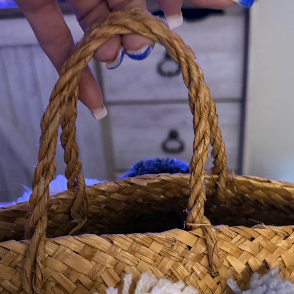 Handcrafted Basket with Pom Pom Accents - Picture 3 of 5